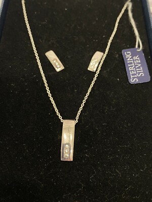 New Sterling Silver Cubic Zirconia Drop Bar Set Necklace Earring Box Set 16.5''