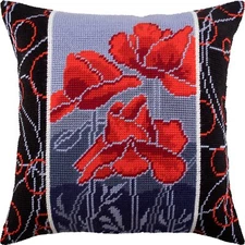 Needlepoint/Tapestry throw pillow cover "POPPIES IN THE NIGHT" embroidery kit
