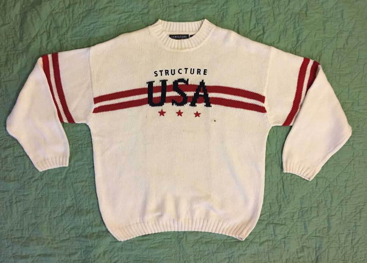 90s Structure Men's Thick Sweater White USA Red/Blue Graphic 90s Structure Men's Thick Sweater White USA Red/Blue Graphic