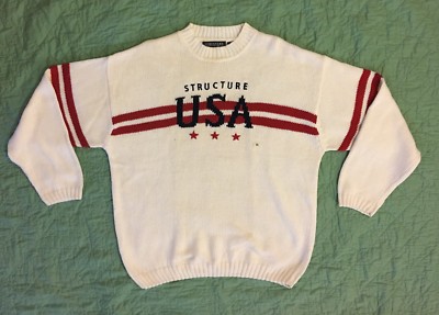 90s Structure Men's Thick Sweater White USA Red/Blue Graphic Sz BT XL NWOT New