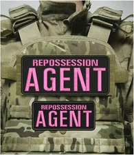 REPOSSESSION AGENT EMB PATCH 4X10 & 3X7 HOOK ON BACK  pink on black