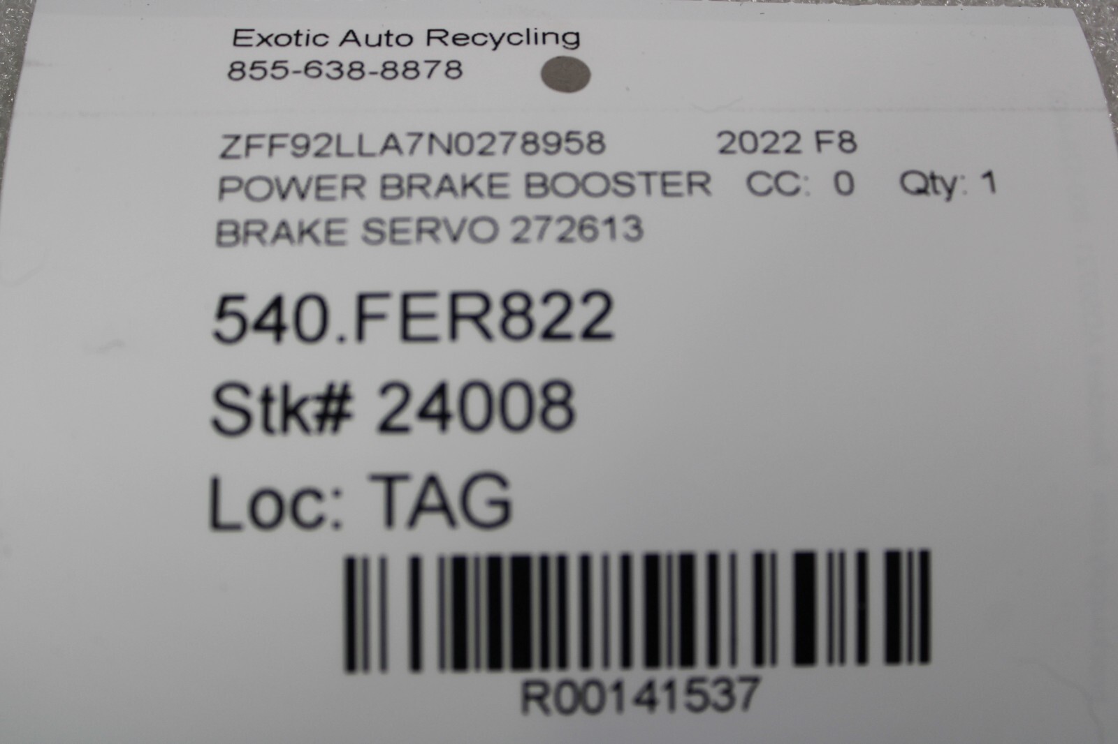 Ferrari F8 Tributo, 488, Power Brake Booster, Used, P/N 272613