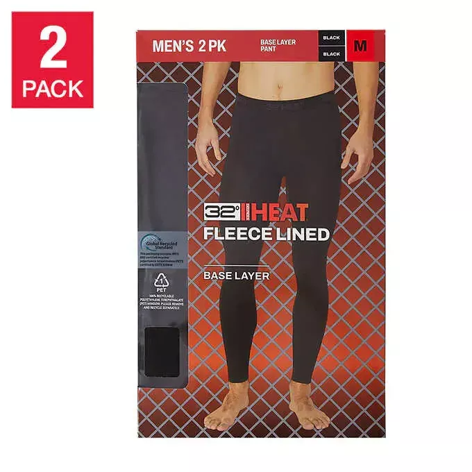 32 Degrees Heat Men's Fleece Lined Base Layer Pant, 2-pack Black Size L, XL  NWB