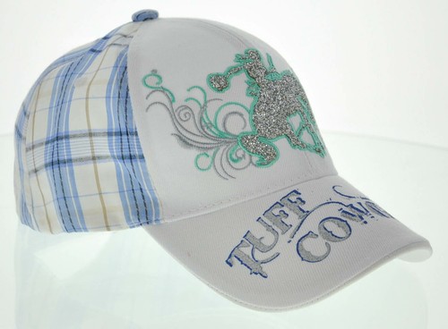 NEW! WESTERN TUFF COWGIRL COW GIRL GLITTER HORSE PLAID WHITE CAP HAT SKY BLUE - Picture 2 of 4