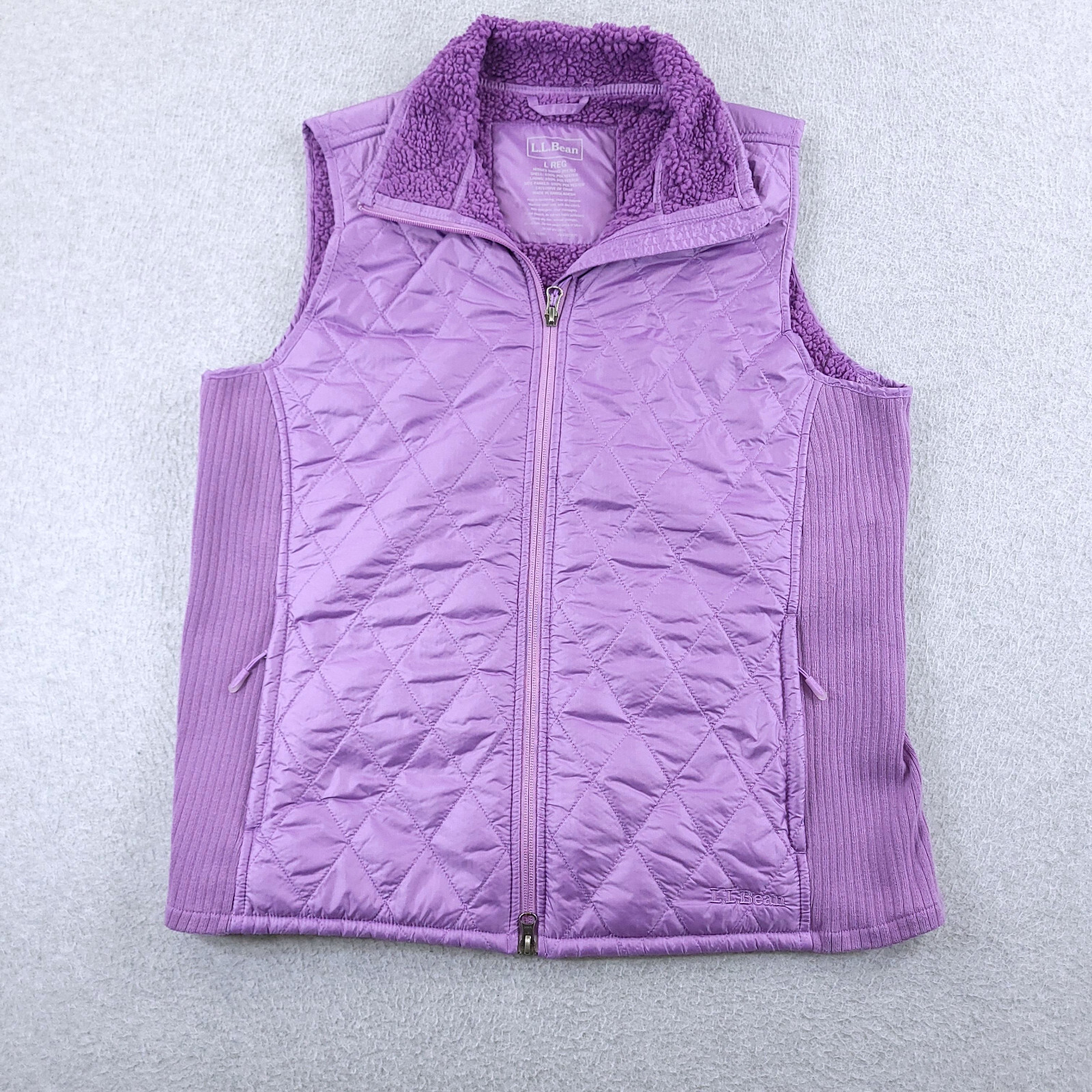 LL Bean Vest Womens Large Purple Quilted Fitness Sherpa Lined Zipped