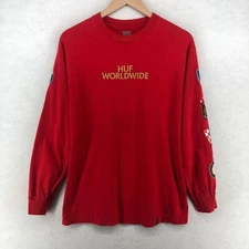 HUF Shirt Mens M WORLDWIDE Logo Long Sleeve Skate Surf Cotton Jersey Red