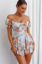 Ladies Boho Gauze Romper Medium Light Blue Floral Off The Shoulder Layered Lined