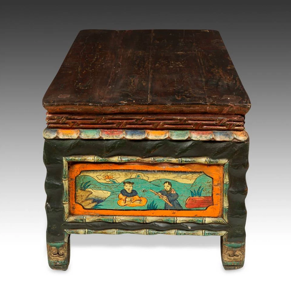 ANTIGUA MESA DE ESCRITURA MONJE PINTADA PINO MONGOLIA MUEBLES CHINOS SIGLO XIX. Foto 4 de 4