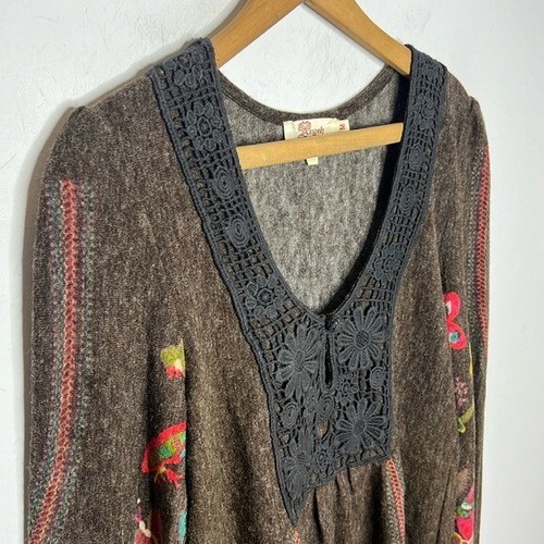 ARYEH Boho Artsy Peasant Floral Print Lace Crochet Mixed Media Long Sleeve Dress - Picture 2 of 9