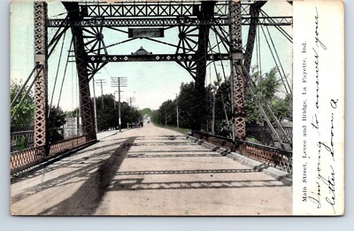 Postcard Indiana La Fayette Main Street Levee and Bridge Posted 1908