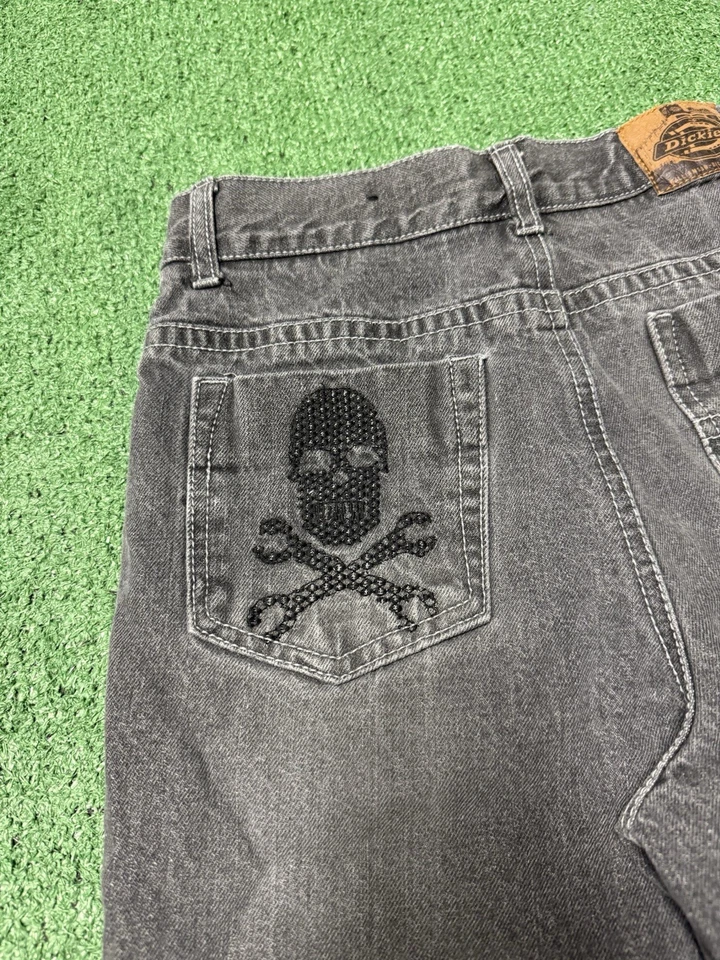 Pantalones Cortos Dickies Boys Demin Calavera Talla 14 Gris Bordado Skate Jeans Grunge De Colección Foto 3 de 4
