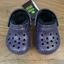 New Little Kids Crocs Classic Lined Space Glitter Glow In The Dark Clogs Sz 4 C