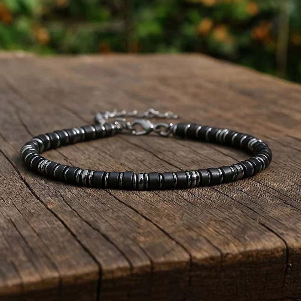 Pulsera apilable de protección delicada con cuentas de tubo de hematita de turmalina negra para hombre Foto 2 de 3