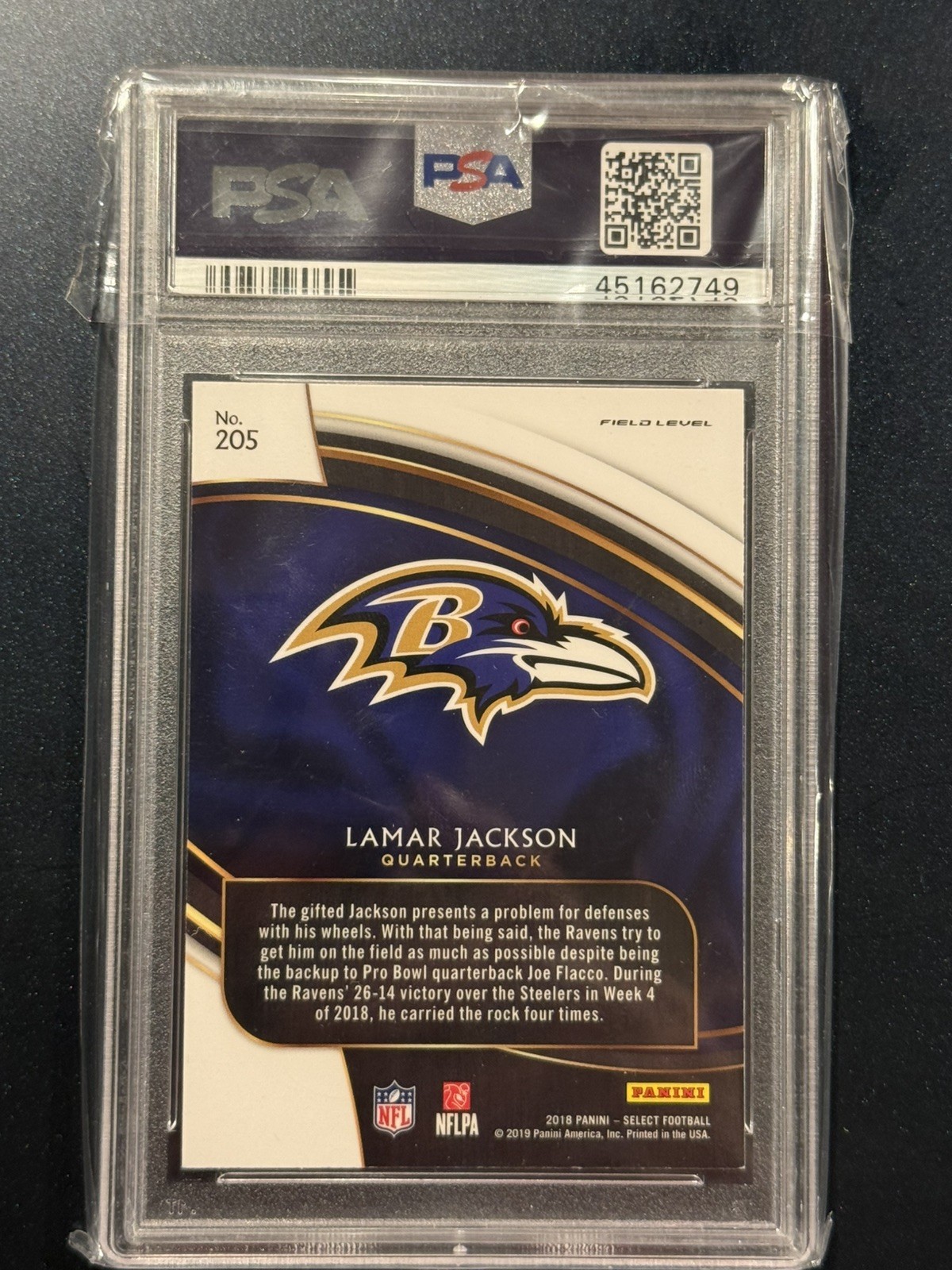 2018 Panini Select - Lamar Jackson Rookie Field Level #205 (RC) PSA 9 view 2