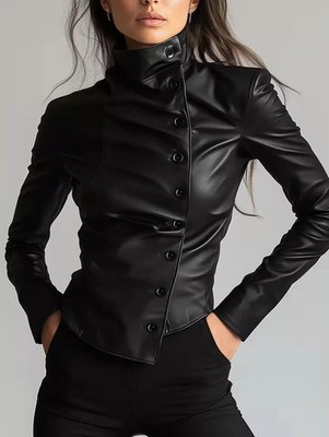 Damen Jacke Schwarz Kunstleder Taillierte Linie Stehkragen Elegant CF73492