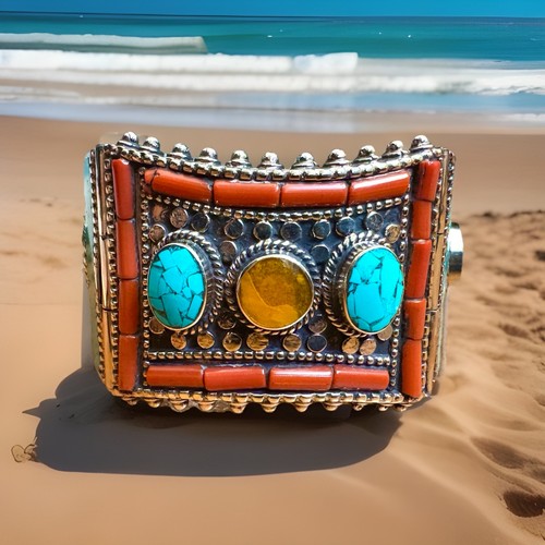 Vintage & handcrafted Bangle inlay Amber,Turquoise & Coral Set In Silver 130gram