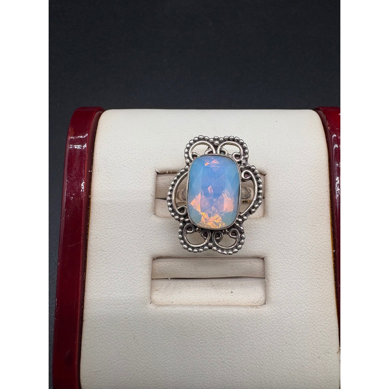 Sterling Silver Opalite Statement Ring Ornate Fil… - image 3