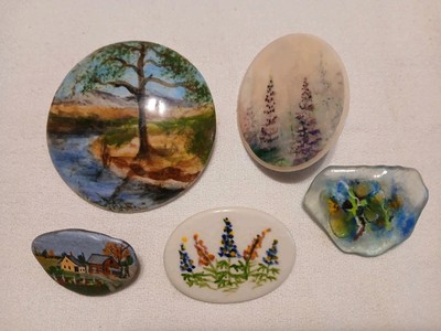 Vintage Handmade (1) from 1970's several signed Handpainted Pins - lot of (5) 