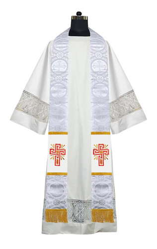 White Priest Stole with Glory Cross Embroidery | Clergy Liturgical Vestment - Picture 2 of 2