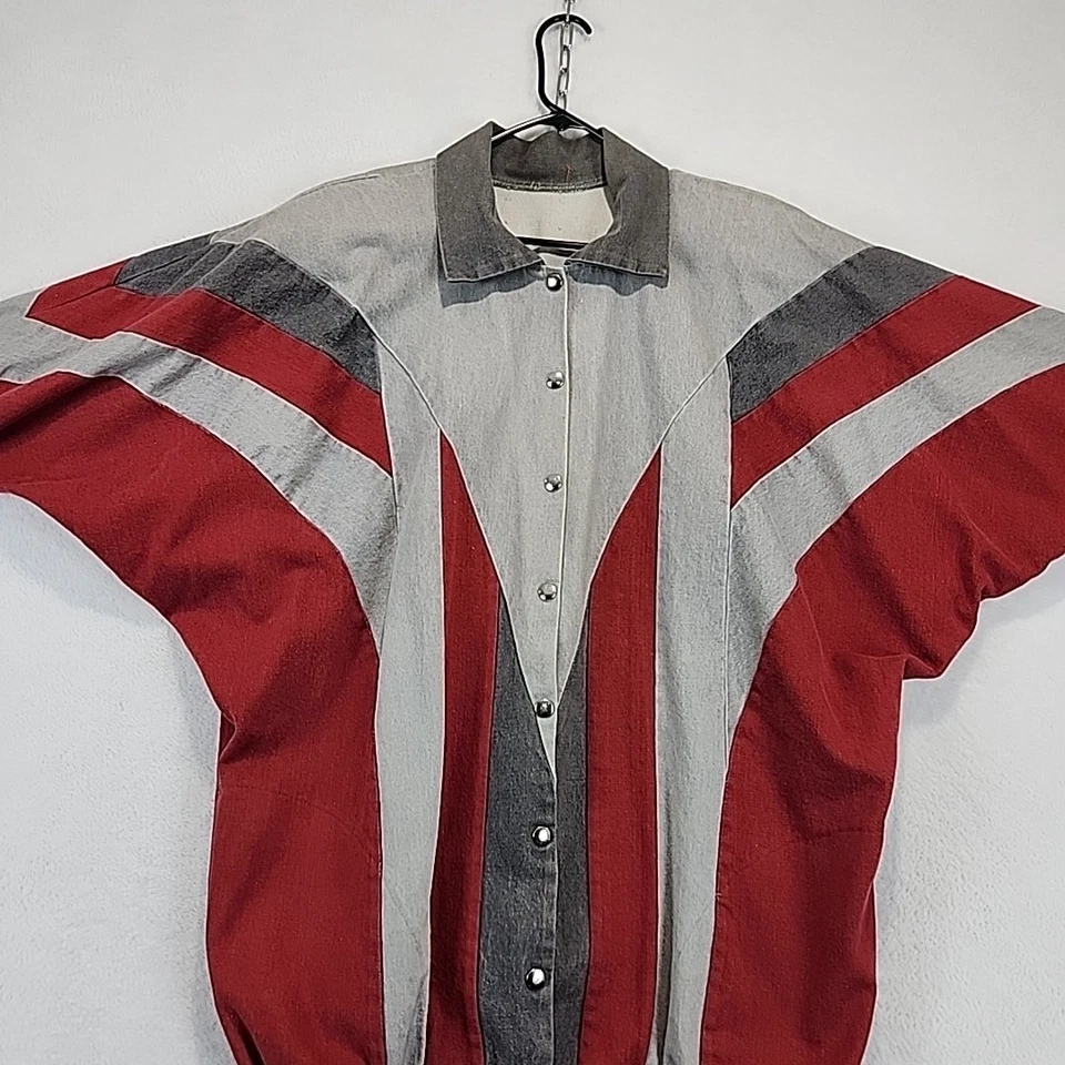 Chaqueta vaquera vintage años 80 colorblock manga Dolman denim tareas para mujer L gris rojo Foto 2 de 4