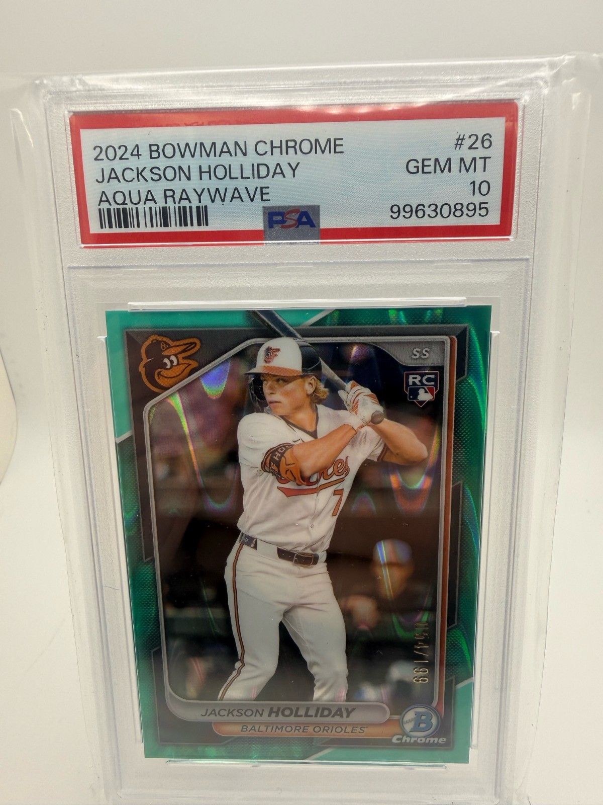 2024 Bowman Chrome #26 Jackson Holliday RC Aqua RayWave 24/99 PSA 10 GEM MT view 1