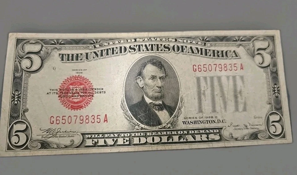 RARO G65079835A 1928-D NOTA DE US$ 5 VERMELHA 🥅 SELO NOTA ESTADOS UNIDOS.  - Imagem 2 de 4