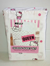 Hello Kitty by Sanrio Daisies  Dots 4 pc Queen Bed Sheet Set 100 Cotton NEW