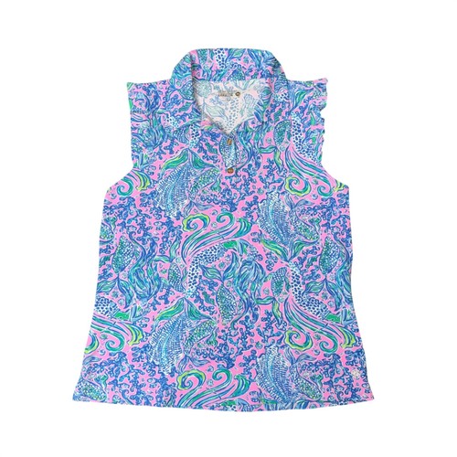 Lilly Pulitzer Luxletic Polo Women Medium Pink Blue Mermaid Excellent Ruffle - Picture 1 of 4