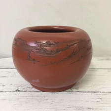 Tokoname Ware Tea Spill with Landscape & Kanji Engraving Red Ceramic Used