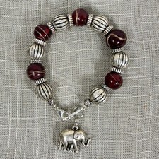 Vintage Napier Silver Tone Red Glass Beaded Bracelet Elephant Charm Roll Tide