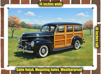 Metal Sign - 1940 Ford Deluxe Woodie Oil Painting - 14x10