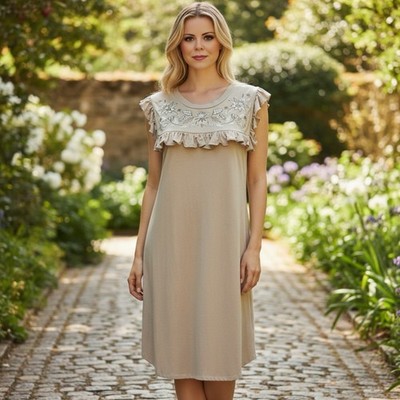 Cupio Ladies Beige Sz L Knee Length Cottage Core Chic Style Embroidered Yoke