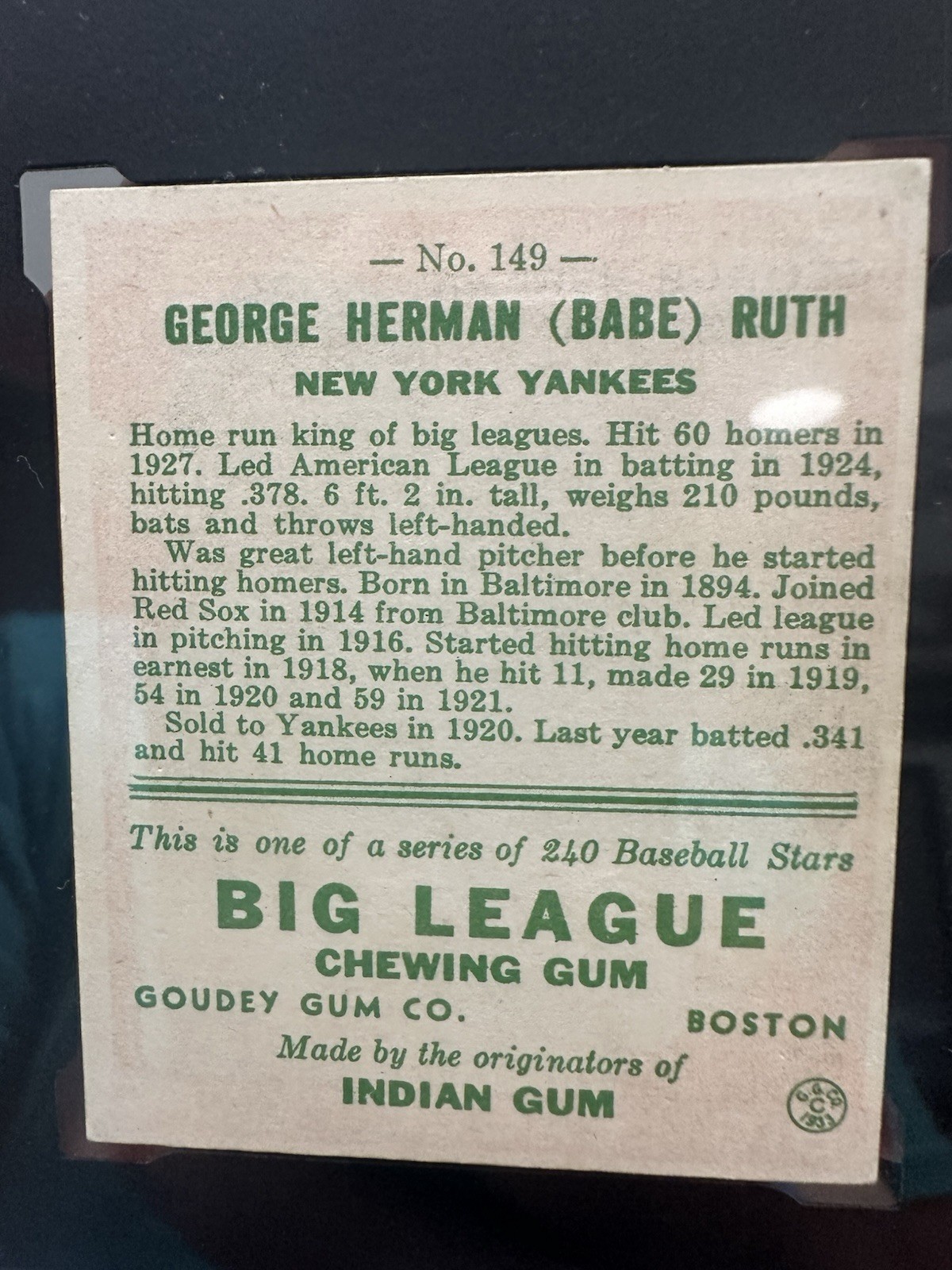 1933 Goudey #149 Babe Ruth SGC 4 VG-EX perfect coloring no dents or scratches view 5