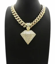 Hip Hop Diamond Shape Pendant & 18" Iced Box Lock Miami Cuban Chain Necklace