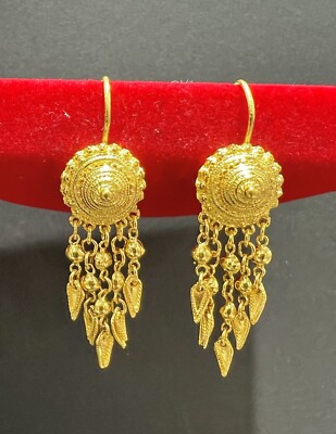 24K Solid Yellow Gold Thai/Lao/Hmong Style Dangle Hook Earrings