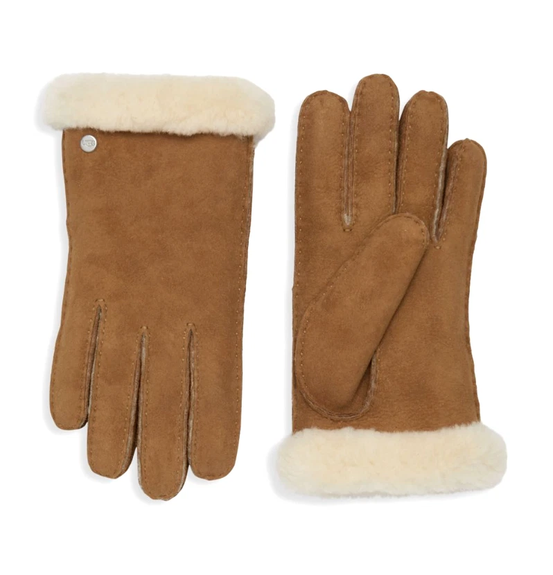NWT $155 UGG Australia Women Suede Shearling Sheepskin Winter Gloves M Chestnut
