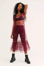 NEW FREE PEOPLE Sz S SHEER MIDI SLIP IN BURGUNDY
