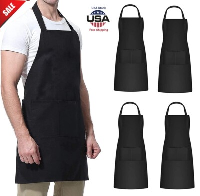 4 × Waterproof Chef Apron Black Catering Cooking Kitchen Butcher w/ 2 Pocket USA
