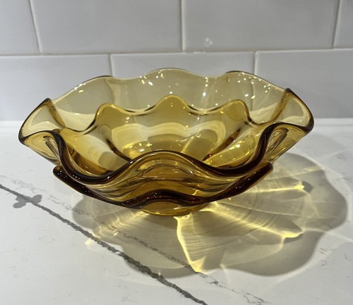 Vintage Amber Viking Epic Line Glass Footed Art Glass Bowl Home Decor 8"D - Picture 3 of 9