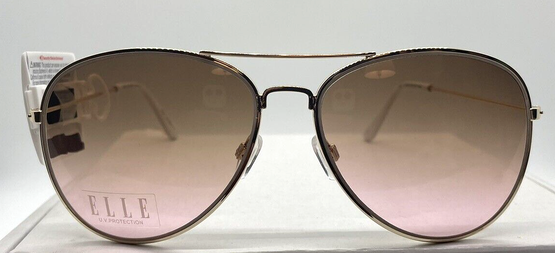 New ELLE Aviator Sunglasses Gold Frame Brown Rose Pink Tinted Lens with Tag-image