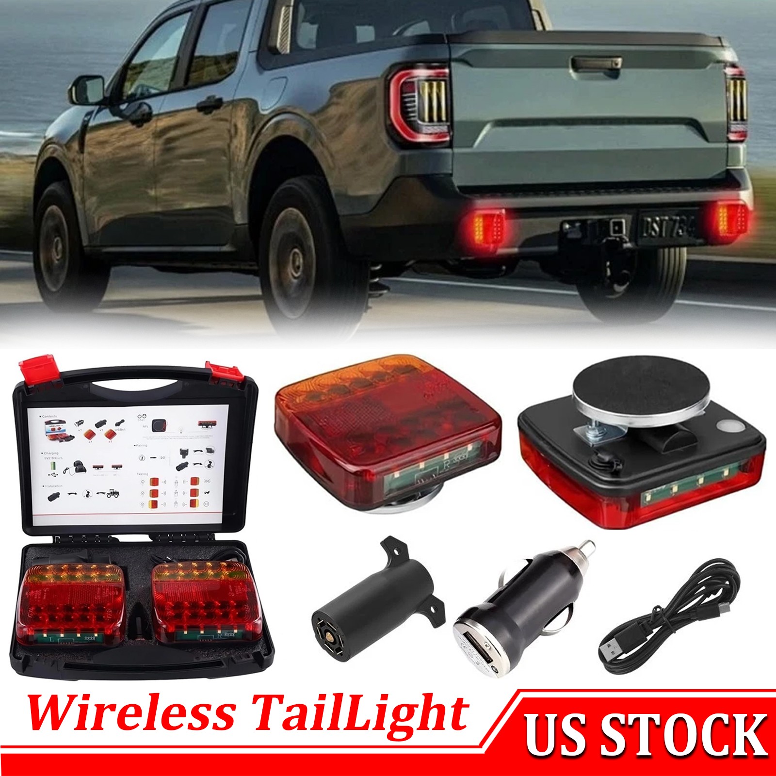 Wireless Magnetic Trailer Tail Lights Rechargeable LED TailLight Kit Waterproof