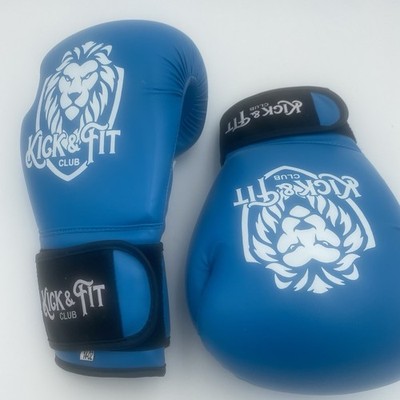 Kick Club blue boxing gloves hook and loop closure 14oz. Lion Head logo