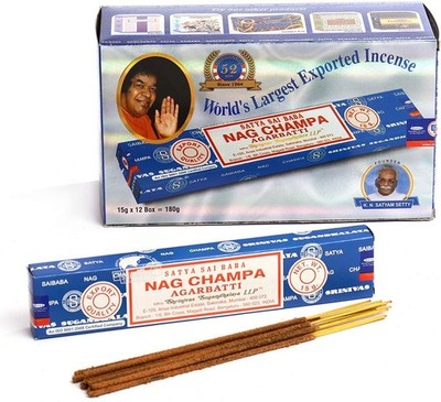 Satya Sai Baba Nag Champa Incense Sticks Full Box 12 Packs - 15g Each Agarbatti