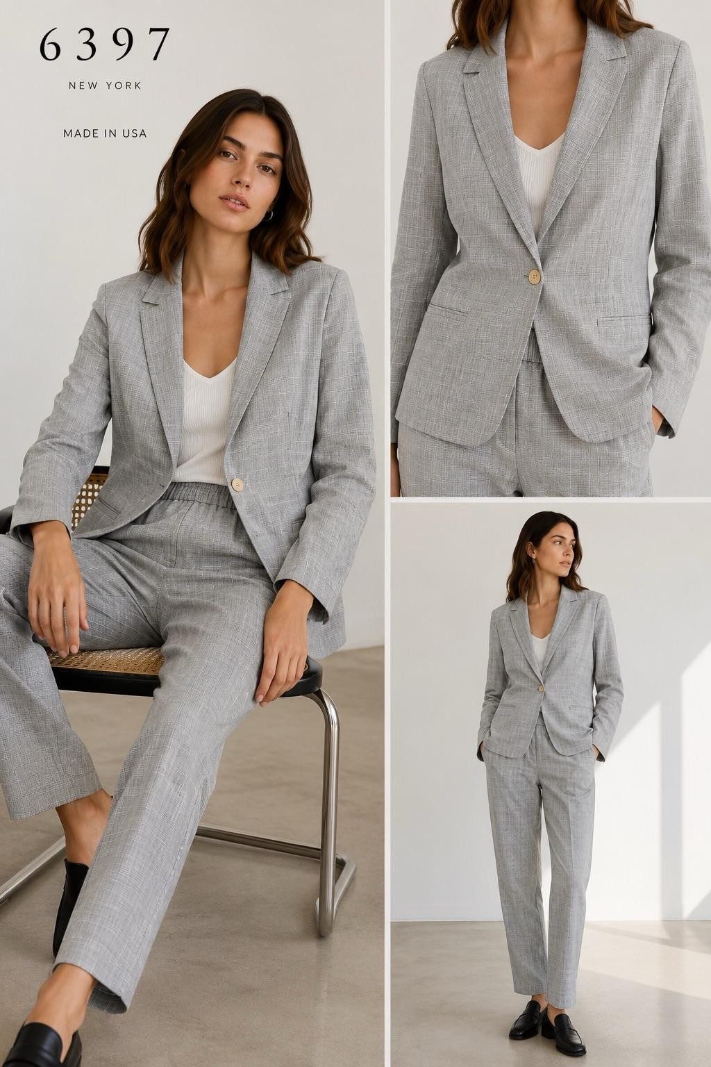 6397 Pant Suit Set Womens Small Gray Check Wool Blazer M Pants 2 Piece Career
