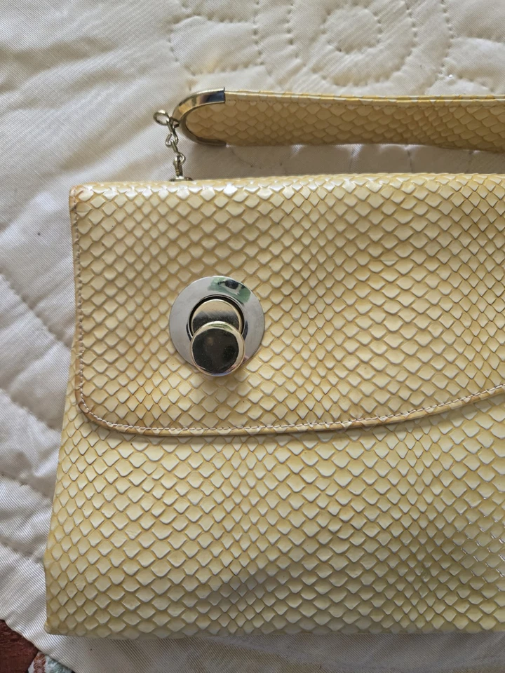 Винтажный 1960-х MEYER желтый змеиной кожи верхняя ручка сумочки w уникальный застежки мод MCM - Изображение 2 из 4