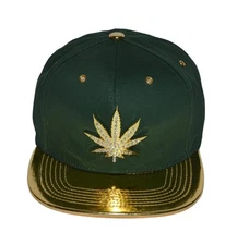 Popfizzy Green Weed Hat, Metal Gold Leaf Flat Brim Hat, Marijuana Snapback