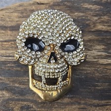 Vintage Rhinestone And Enamel Gold Tone Skull Belt Buckle