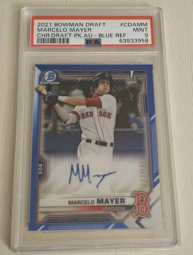 Marcelo Mayer 2021 Bowman Draft 1st True Blue Refractor Auto #/150 PSA 9 Call up
