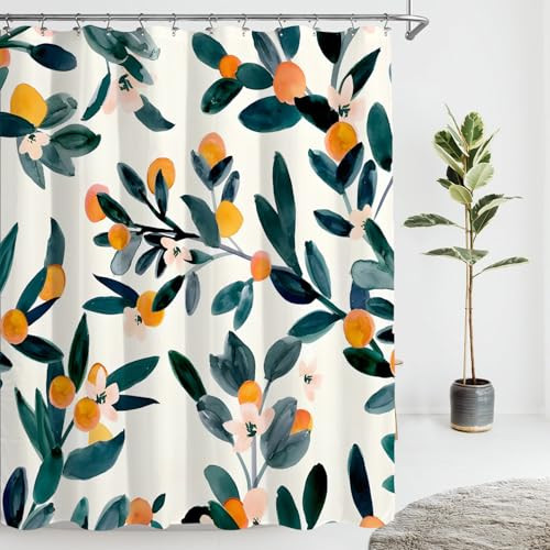 Juegos de cortinas de ducha de resorte, arte de baño hojas naranjas y verdes  - Imagen 1 de 3