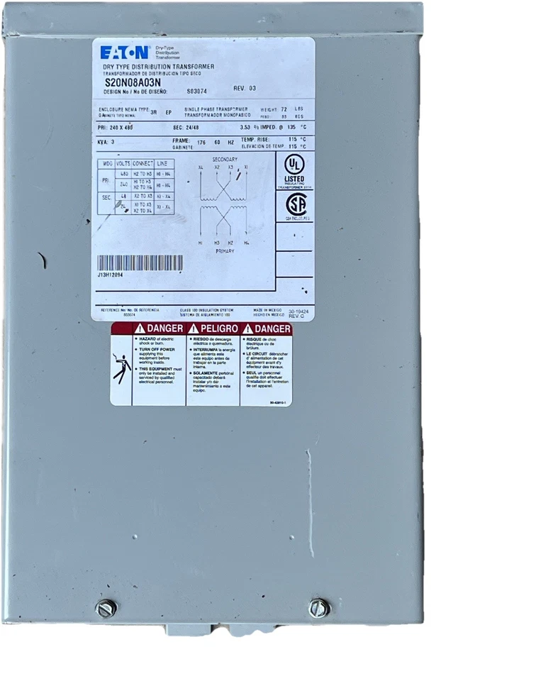 Transformador de distribuição tipo seco Eaton, S20N08A03N, 3KVA, 240x480 - Imagem 2 de 4